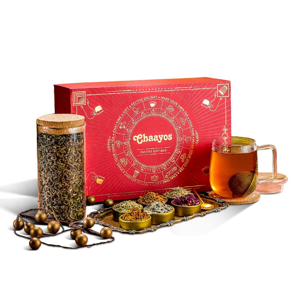 Chaayos Herbal Premium Gift Diwali Hampers | Contains Green Tea with Six natural Ingradients with Steel tea Infuser, Glass Mug & Golden Spoon for Tea & Coaster | Whole Leaf Green Tea Set | Green Tea Gift Box | Diwali Gift pack | Whole Leaf Green Tea Set |