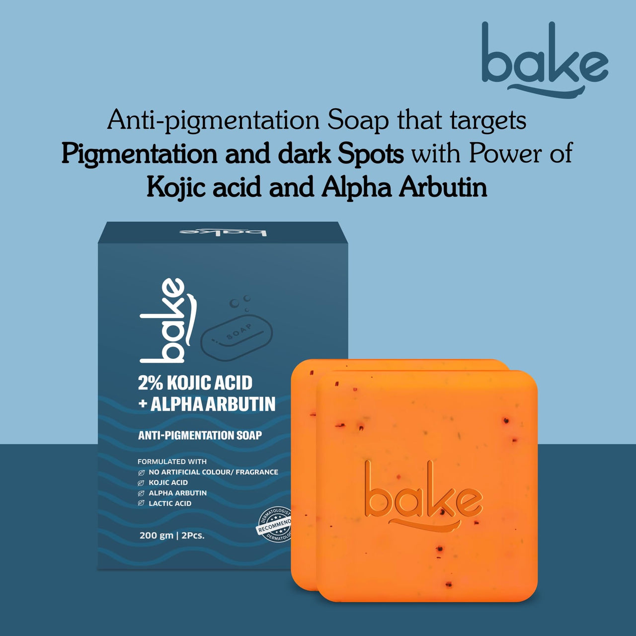 BAKE 2% Kojic Acid Scrub Treatment Soap (200 Gms Pack of 2) with Alpha Arbutin, Lactic Acid & Niacinamide | For Pigmentation, Dark Spots, Tan Removal, Brightens Underarms | Soap for Women & Men | 100g x 2 (Pack of 2)