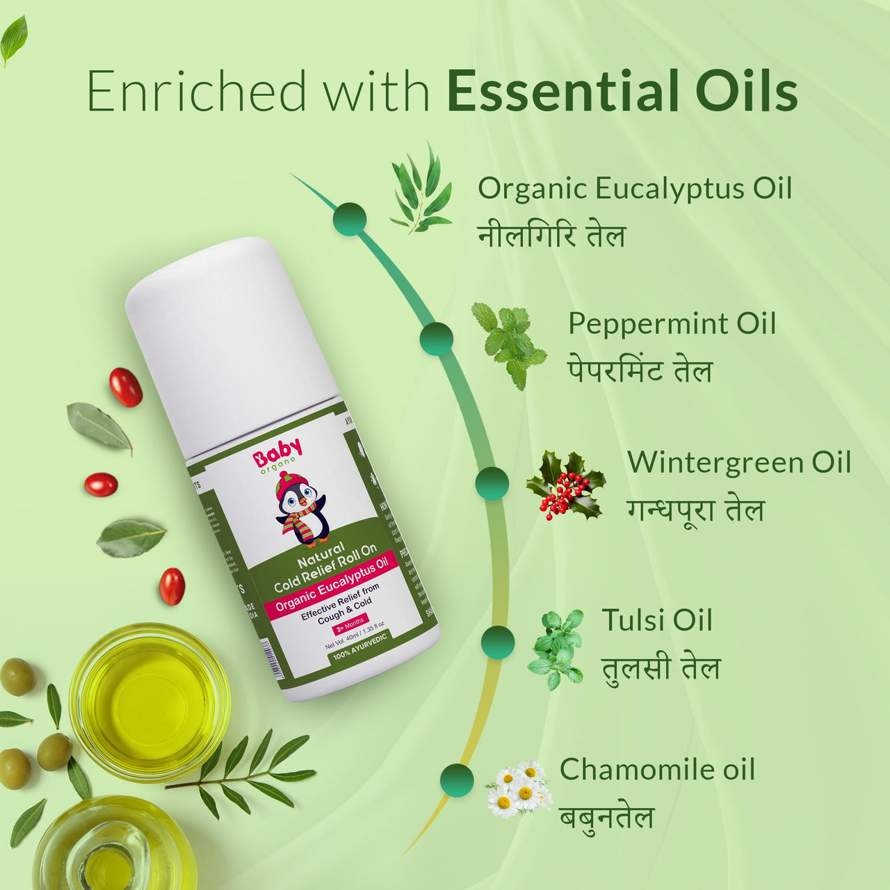 BabyOrgano® Natural Cold Relief Roll On with Organic Eucalyptus Oil for Cold and Cough | Nose Block | Chest Congestion 40ml