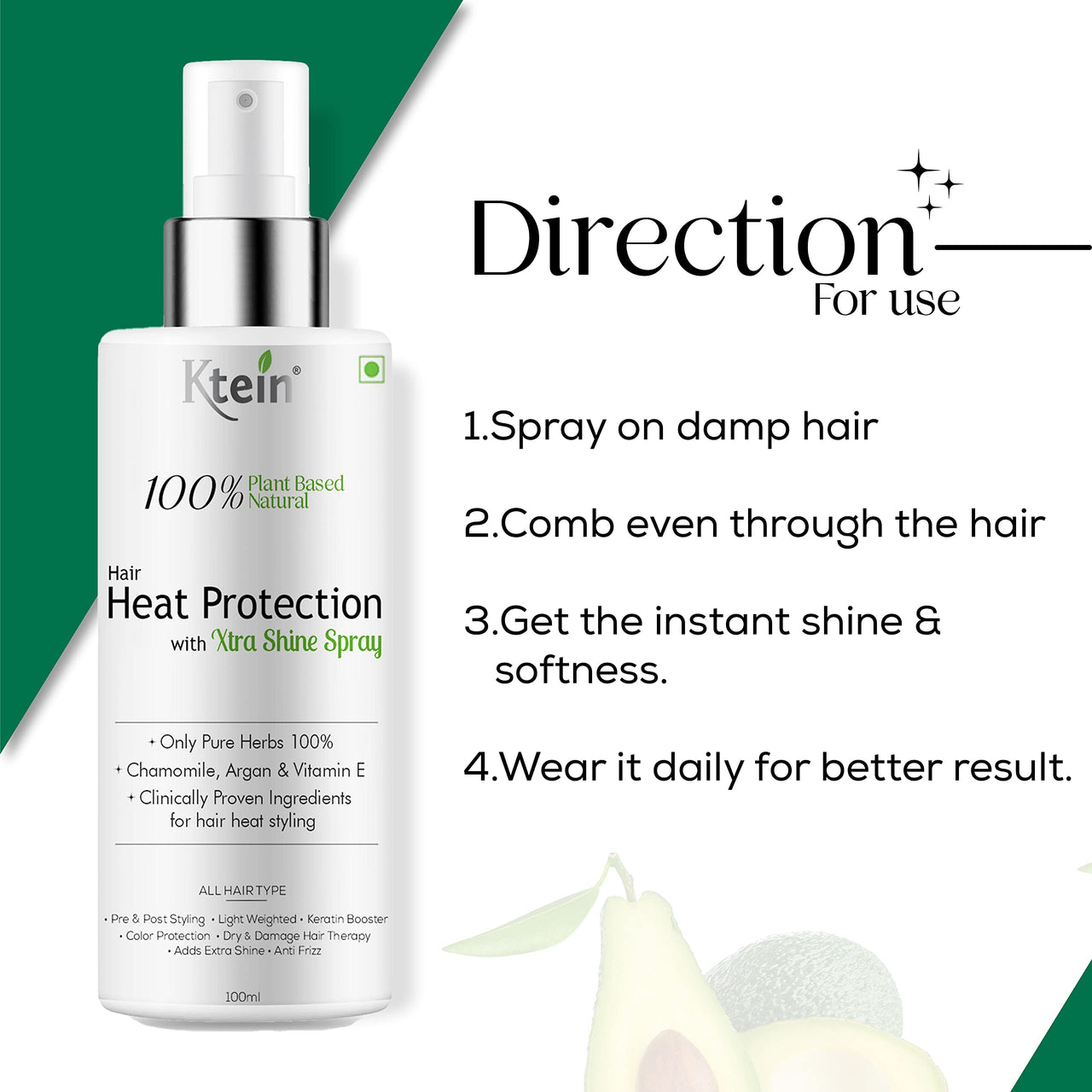 100% Plant Based Hair Heat Protection Spray with EXTRA SHINE, Chamomile, Argan and Vitamin E 100ml