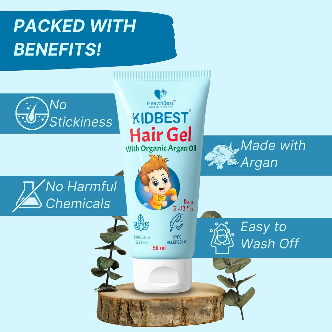 Healthbest Kids Hair Styling Gel - 50 ml - Organic Coconut Aloe Vera, Moringa, Argan & Kertine - Tear & Paraben Free - Enhances Vitamin B5 for Hair Growth & Damage Pack of 1