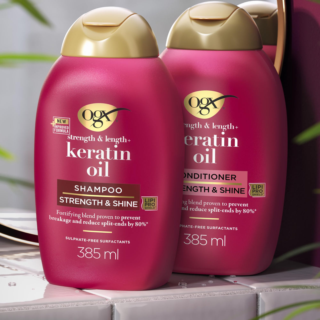 OGX Strength & Length + Keratin Oil Fortifying Anti-Frizz Shampoo for Damaged Hair & Split Ends, with Keratin Proteins & Argan Oil, Paraben-Free, Sulfate-Free Surfactants, 385ml