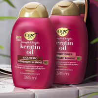 OGX Strength & Length + Keratin Oil Fortifying Anti-Frizz Shampoo for Damaged Hair & Split Ends, with Keratin Proteins & Argan Oil, Paraben-Free, Sulfate-Free Surfactants, 385ml