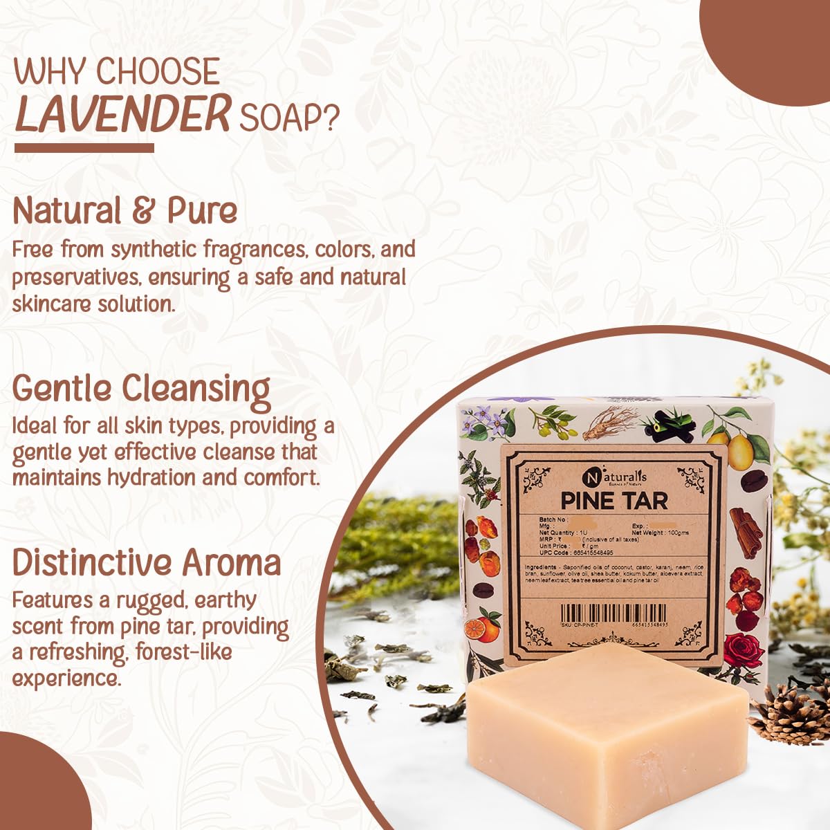 Naturalis Pine Tar Soap – Handmade Cold Pressed Soap Infused with Pine Tar Oil – Natural, Luxury Soap for Deep Skin Nourishment, Moisturizing and Refreshing, 100g