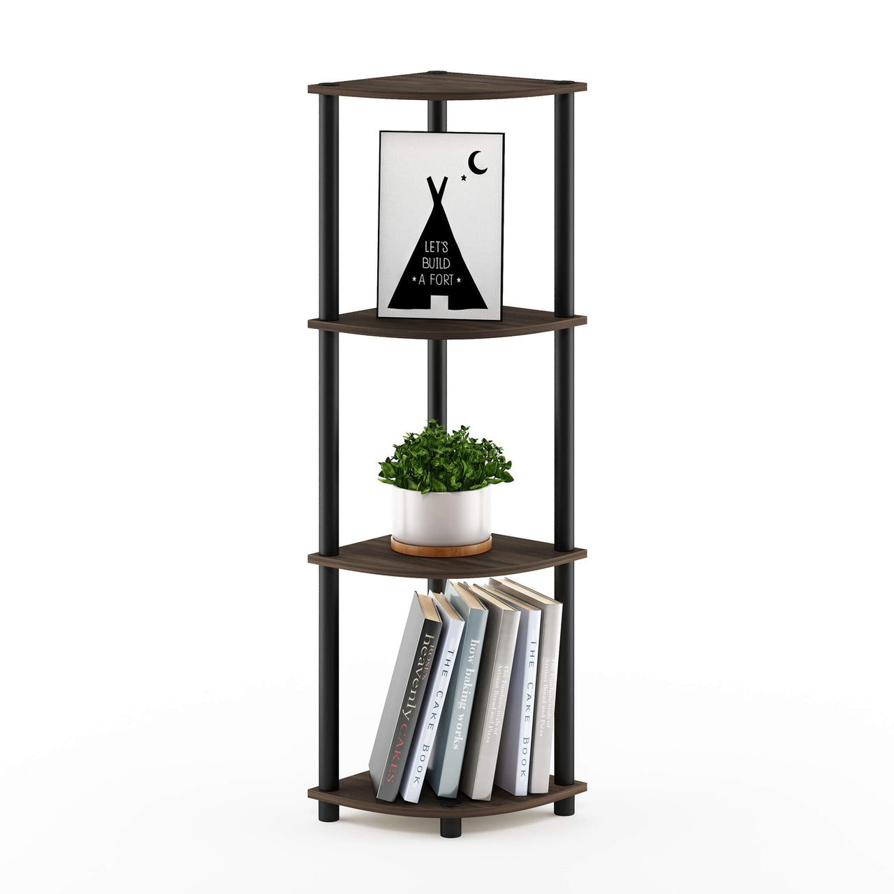 Furinno Turn-N-Tube 4-Tier Corner Display Rack Multipurpose Shelving Unit, Dark Brown Grain/Black 4-Tier Round Tube