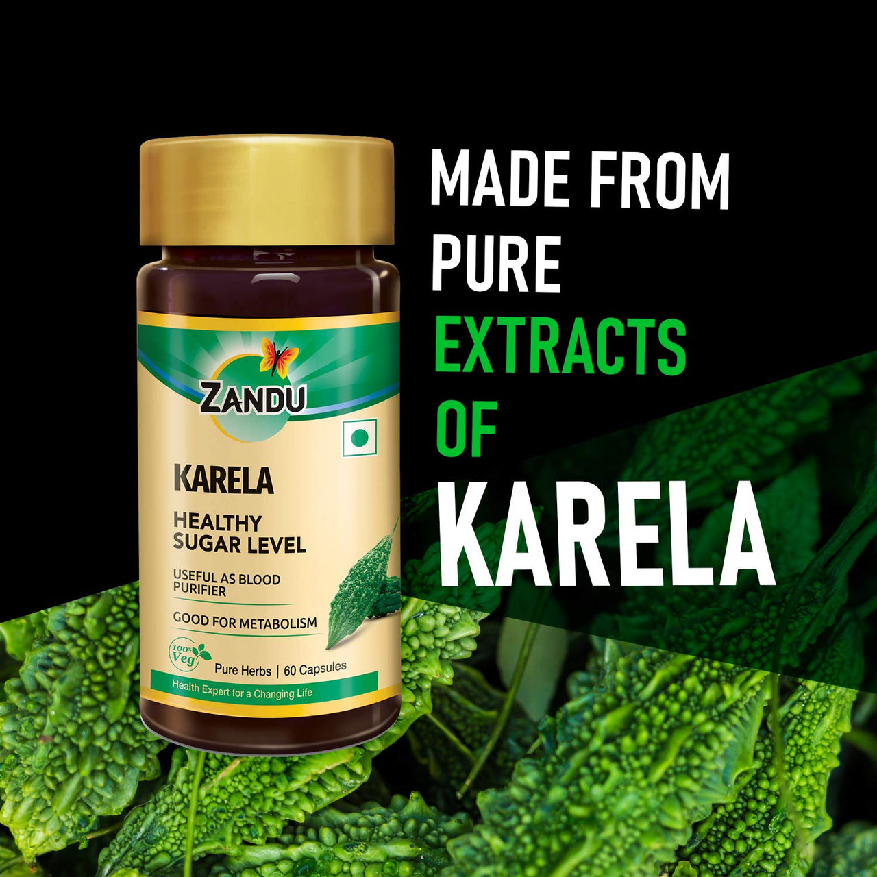 Zandu Karela (Bitter Melon) - 60 Veg Capsules, Helps for Healthy Sugar Levels, Boosting Metabolism & Known for Blood Purification