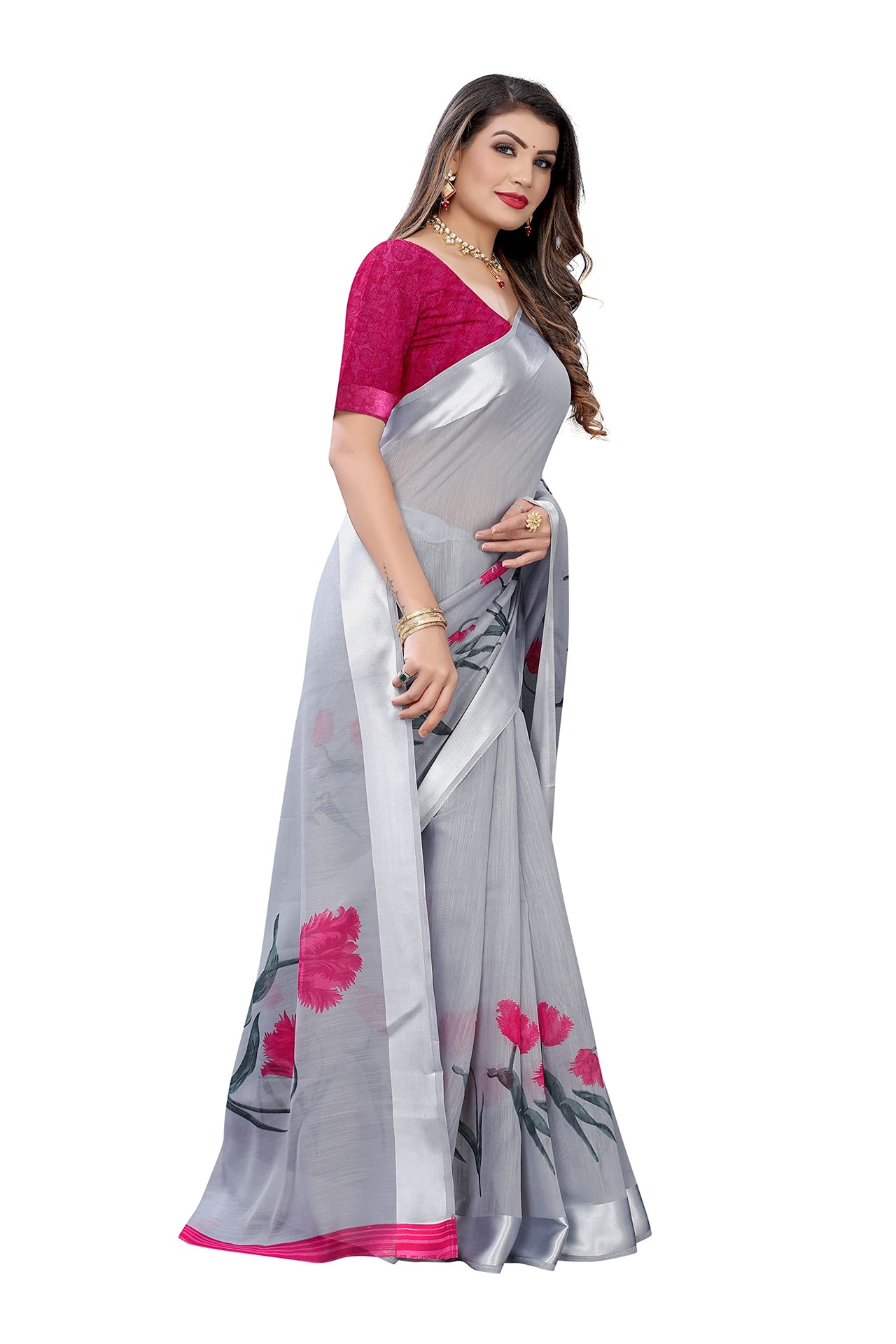 Tarshika Women's  Linen Blend Printed Saree With Blouse Piece(LINEN SAREE_NEW)