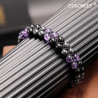 Triple Protection Bracelet for Women, Genuine Healing Crystal Bracelet Amethyst Black Obsidian Hematite 6mm, Pyramid Energy Crystal Beads Bracelet for Protection and Balance