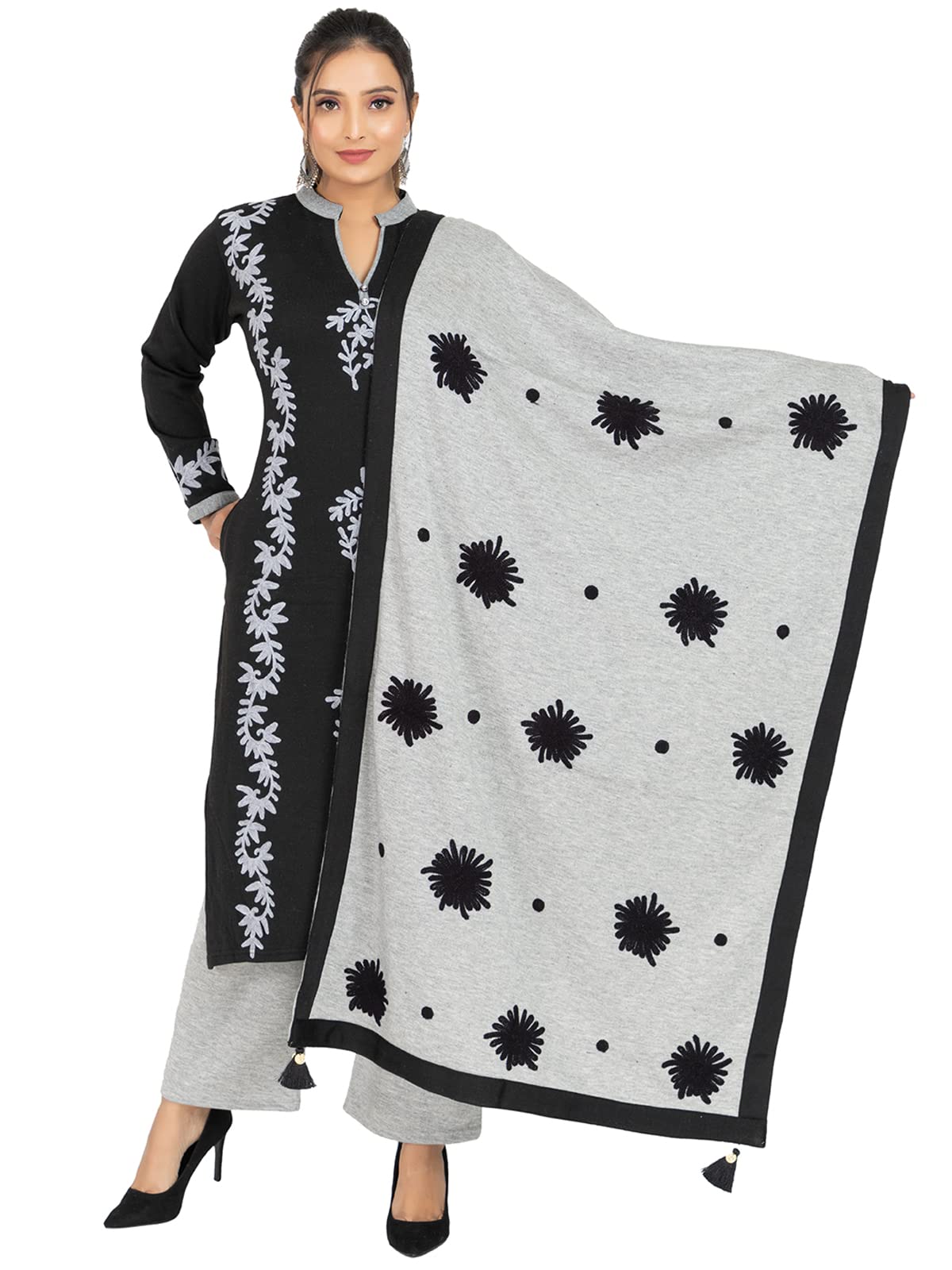 Rosary Women's  Woolen Winter Wear Mandarin Neck Full Sleeve Two Side Pocket Straight Kurta with Palazzo & Stole Set of 3 pc M Navy