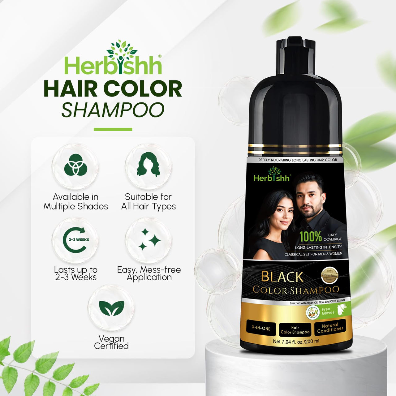 Herbishh Hair Color Shampoo Black | 100% Grey Coverage, Demi-Permanent Hair Color for Men & Women, Long-lasting Color in 5-15 Mins, Ammonia-free, 200 ml