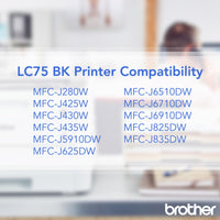 Brother Genuine High Yield Black Ink Cartridge, LC75BK, Replacement Black Ink, Page Yield Up to 600 Pages, LC75