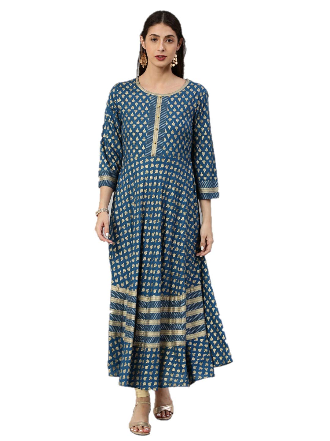 Yash Gallery Women's  Rayon Golden Buti Printed Anarkali Kurta