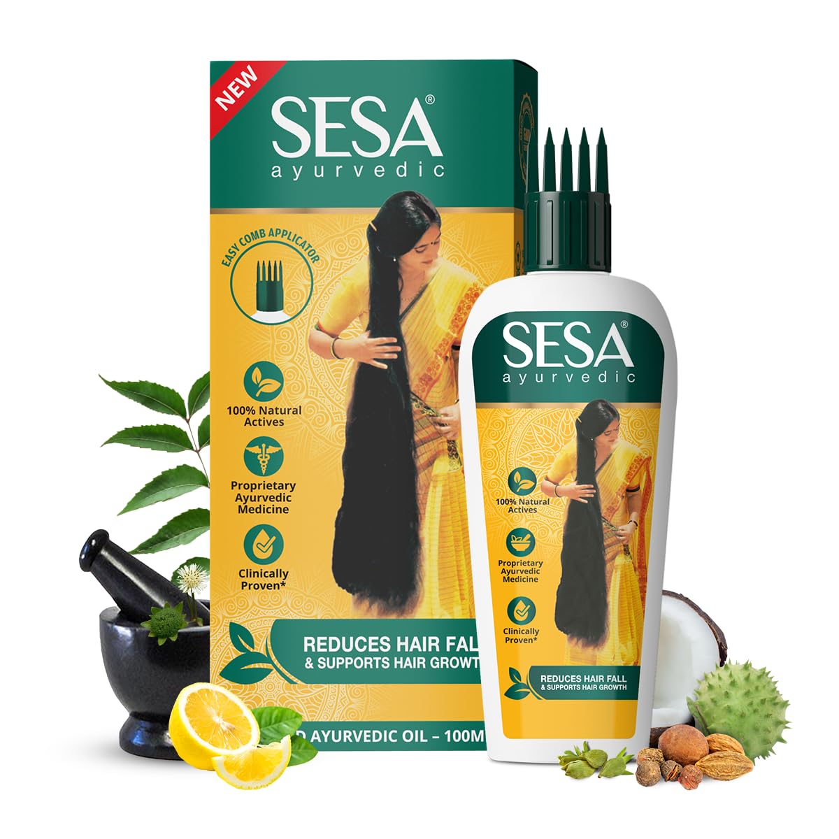 SESA Ayurvedic Hair Oil 100ml With Bhringraj 18 Rare Herbs With 5 Nourishing Oil For Hair Growth Help Control Hair Fall & Strengthen Roots with Easy Hair Oil Applicator For Women and Men