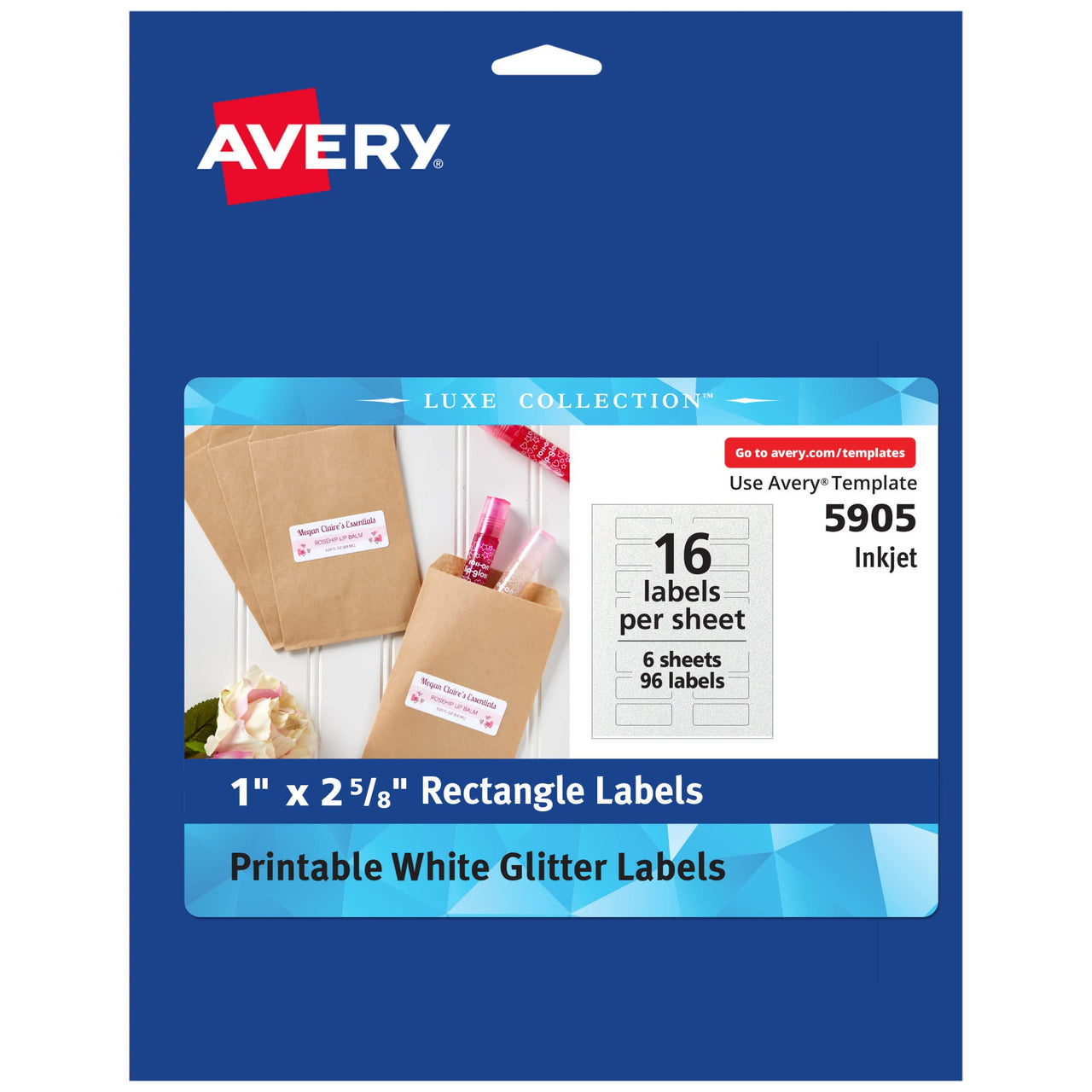 Avery Luxe Collection Glitter Stickers, 1" x 2-5/8", Mess-Free White Glitter, Print to The Edge, Easy Peel, Printable Glitter Sticker Paper for Inkjet Printers, 96 Rectangle Labels Total (05905) 1" x 2-5/8" 96 labels
