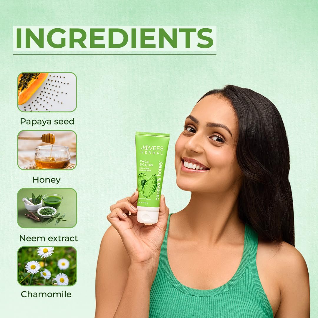 Jovees Herbal Papaya & honey Face Scrub | With Honey,Neem & Chamomile Extract | For Normal to Dry Skin | Gently Remove Dead Skin | Improves Uneven Skin Tone | Paraben And Alcohol Free | 100gm