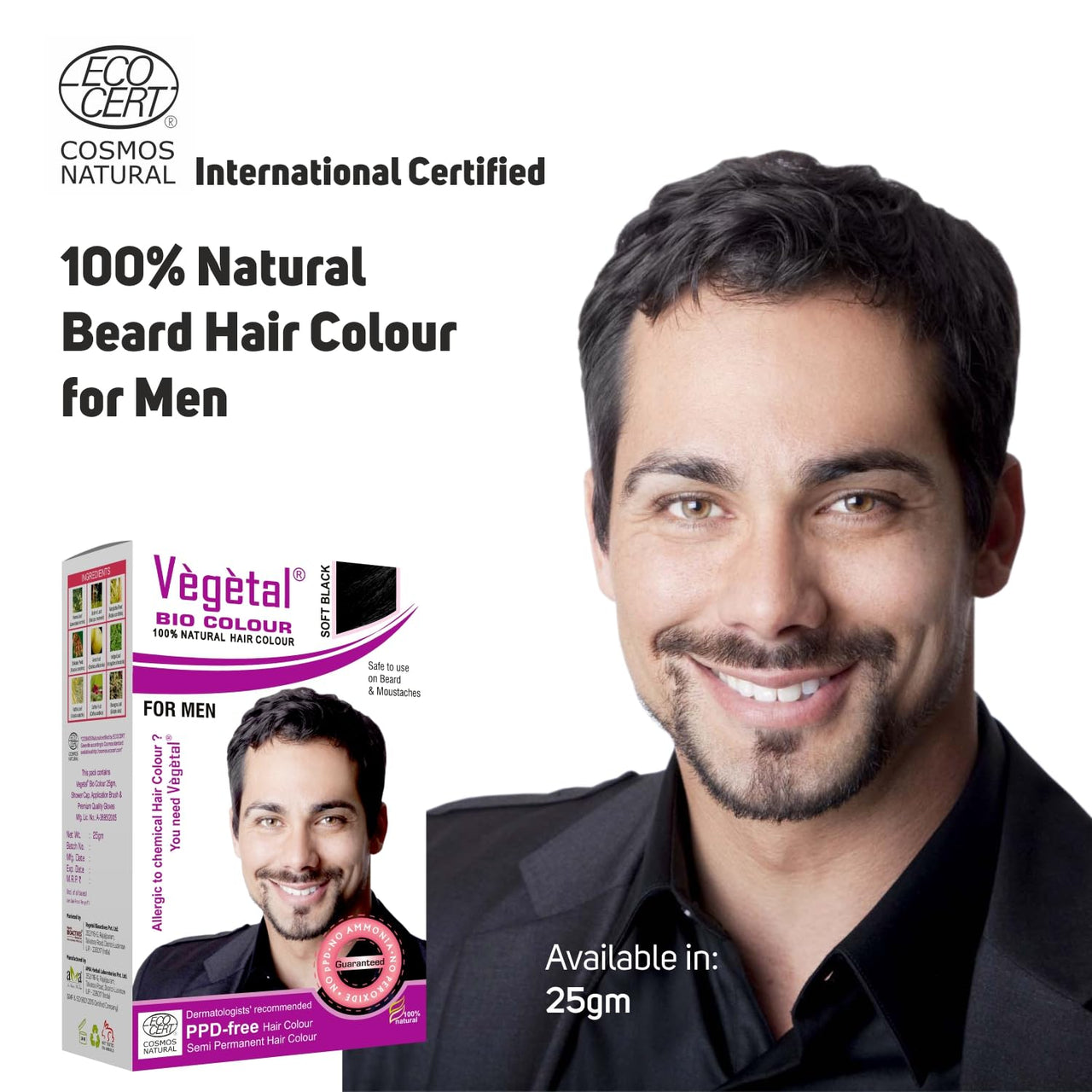 Vegetal Bio Colour Natural Hair Colour for Men, Soft Black, PPD-free, Semi-Permanent, Safe for Beard and Moustache 25g. (Pack of 2)
