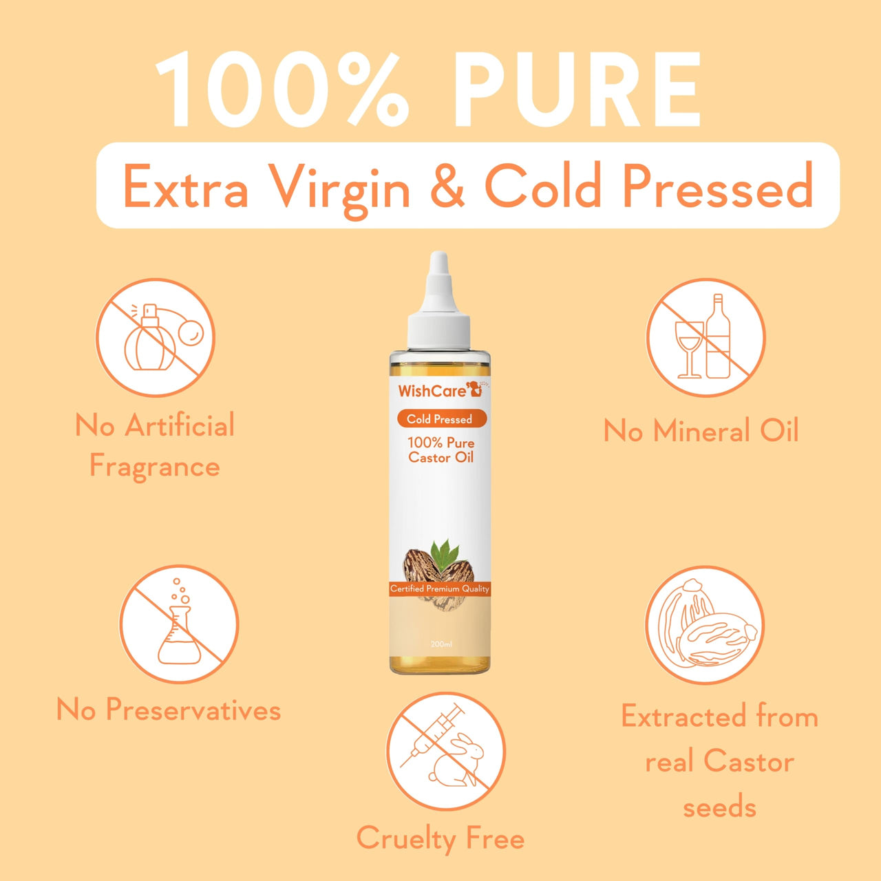 WishCare Premium Cold Pressed Castor Oil - Pure & Virgin Grade - For Healthy Hair and Skin, 200 ml