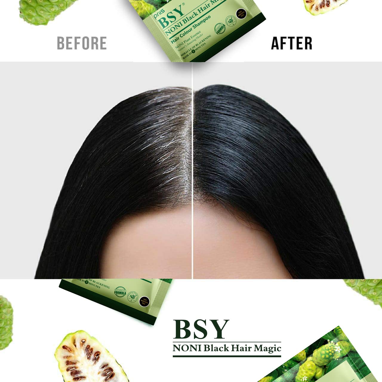 BSY Noni Black Hair Magic Hair colour shampoo (12ml x 24 Sachets) | Ammonia Free Hair Color Shampoo for men| Natural Black Permanent Hair Dye Shampoo for women | Noni Fruit Hair Dye | 5 Minutes Hair Colour | Easy to use Hair Colour Shampoo