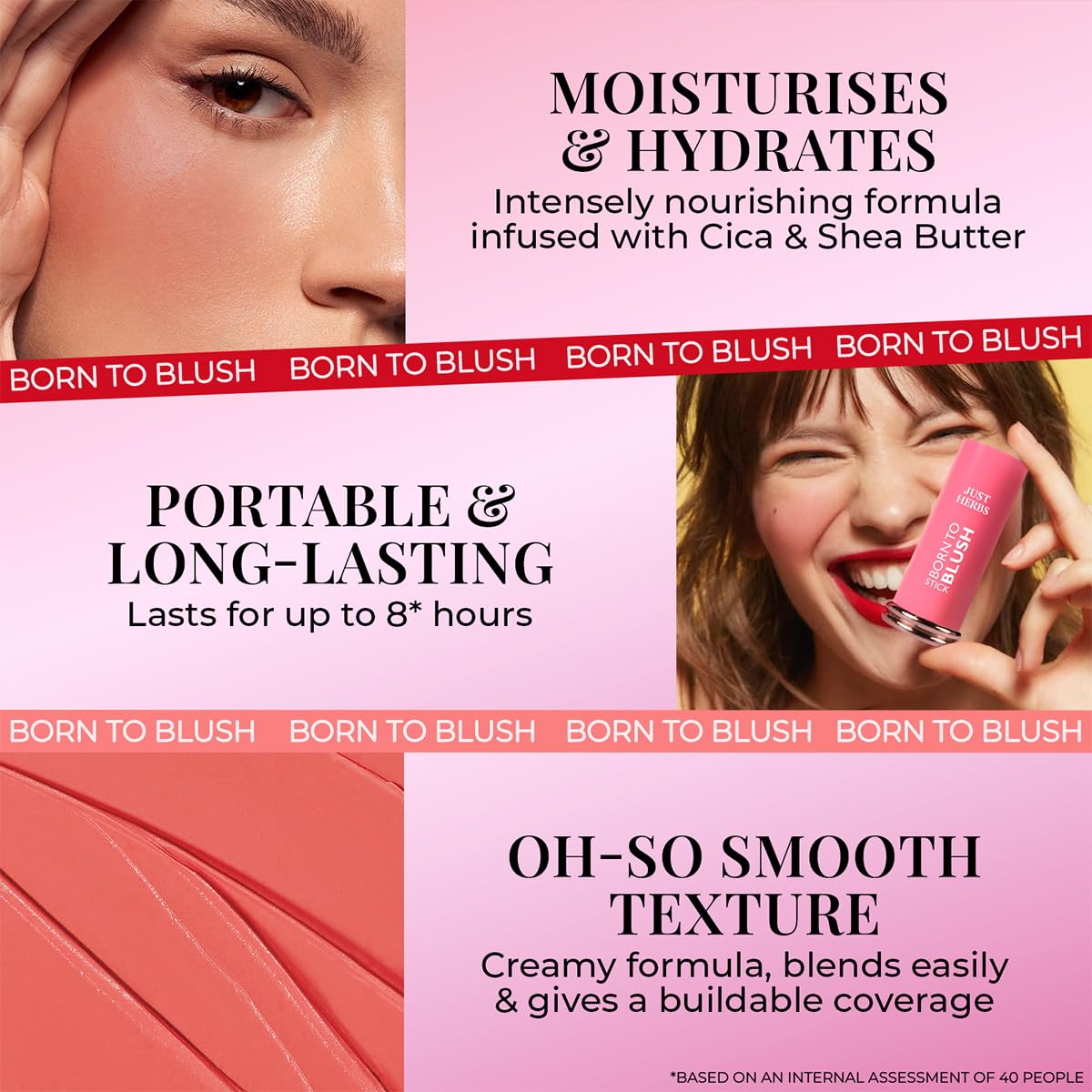 Just Herbs Berry Bloom Born To Blush Lightweight | Long Stay | Smooth Texture | Moisturises & Hydrates | Dewy Glow Blush Stick with Shea Butter & Cica for Eyes Cheeks and Lips For Women | 14g