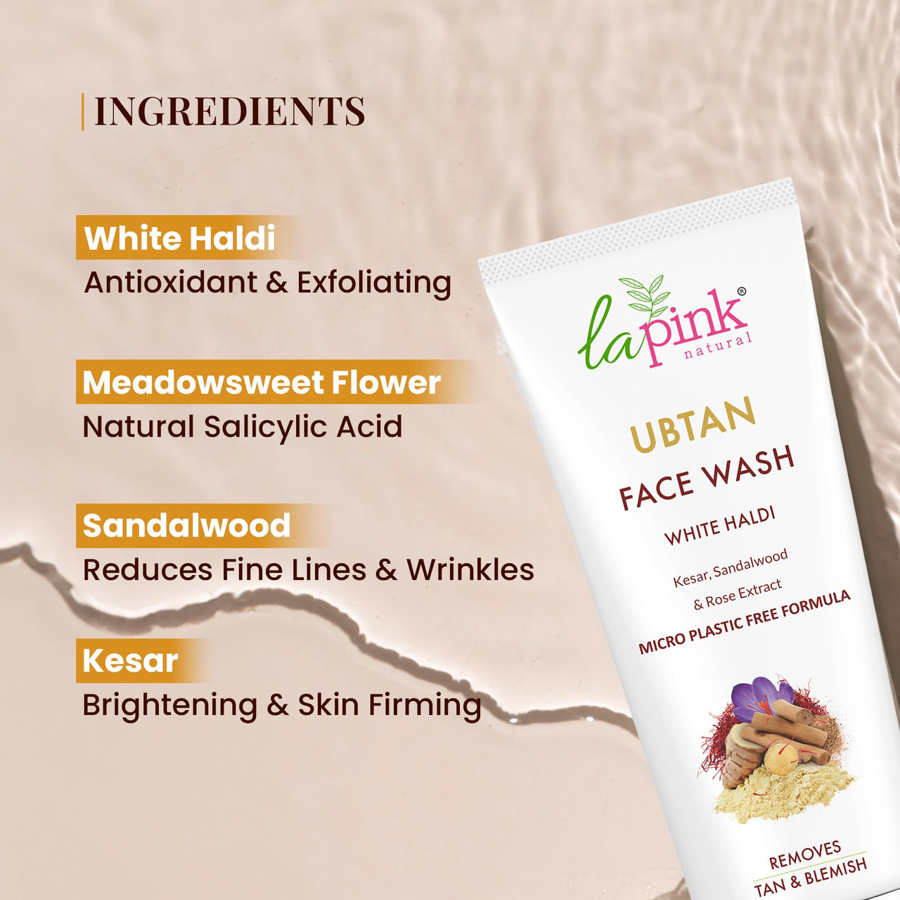 La Pink Ubtan Face Wash | Gently Exfoliates & Brightens Skin | Removes Tan, Dirt & Impurities | With Walnut Beads, Kesar, Sandalwood & White Haldi | Soap-Free & 100% Microplastic-Free | All Skin Types | 100ml