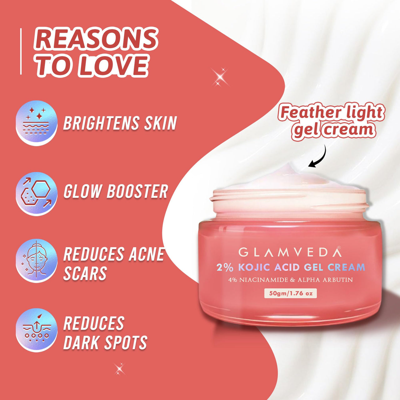 Glamveda 2% Kojic Acid Gel Cream with Niacinamide & Alpha Arbutin | Brightens Skin & Reduces Pigmentation | Fades Dark Spots & Acne Scars | For All Skin Types