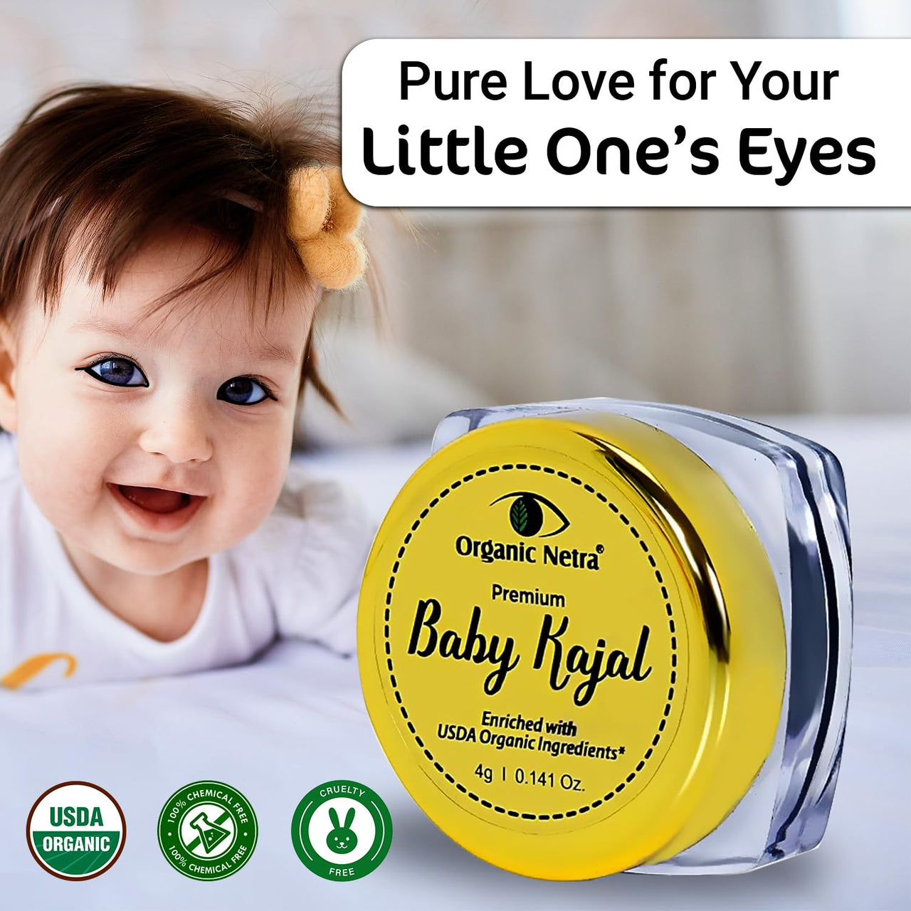 "Organic Netra Baby Kajal 4g for Newborns Water-Resistant Smudgeproof Longlasting Enriched with Natural Organic Ingredients Safe for Sensitive Baby Skin No Harmful Chemicals Matte Finish