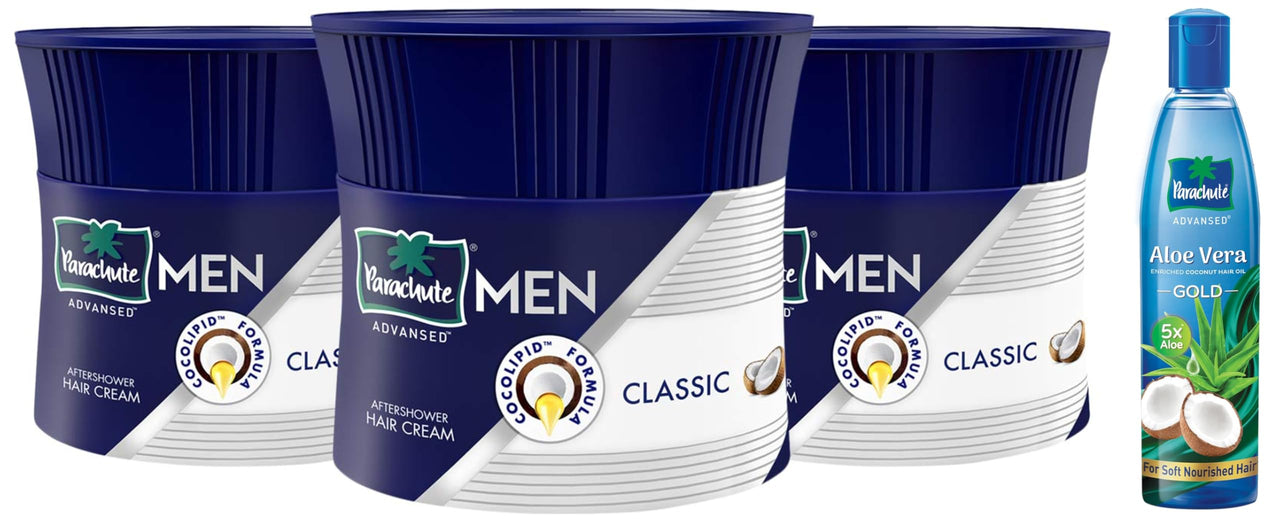 Parachute Hair Cream for Men, 100ml (Pack of 3)|Hair Cream After Shower |Non Sticky Oil Replacement,Parachute Advansed Aloe Vera Enriched Coconut Hair Oil Gold | 5X Aloe Vera With Coconut Oil| Makes