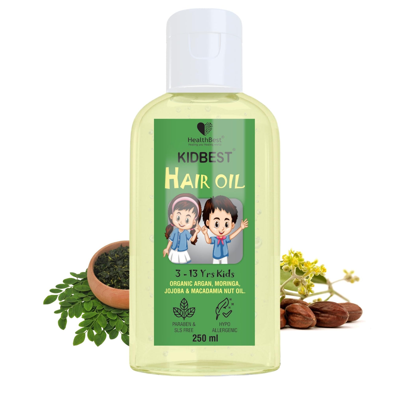 HealthBest Kidbest Hair Oil for Kids | Organic Argan, Moringa, Jojoba & Macadamia Nut Oil | Hair Growth | Damaged Hair | Tear, Paraben, SLS free | 250ml