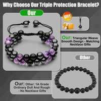 Triple Protection Bracelet for Women, Handmade Bracelet for Men Genuine Amethyst Black Obsidian Hematite 8mm Healing Crystal Bracelets Bring Luck Prosperity Happiness