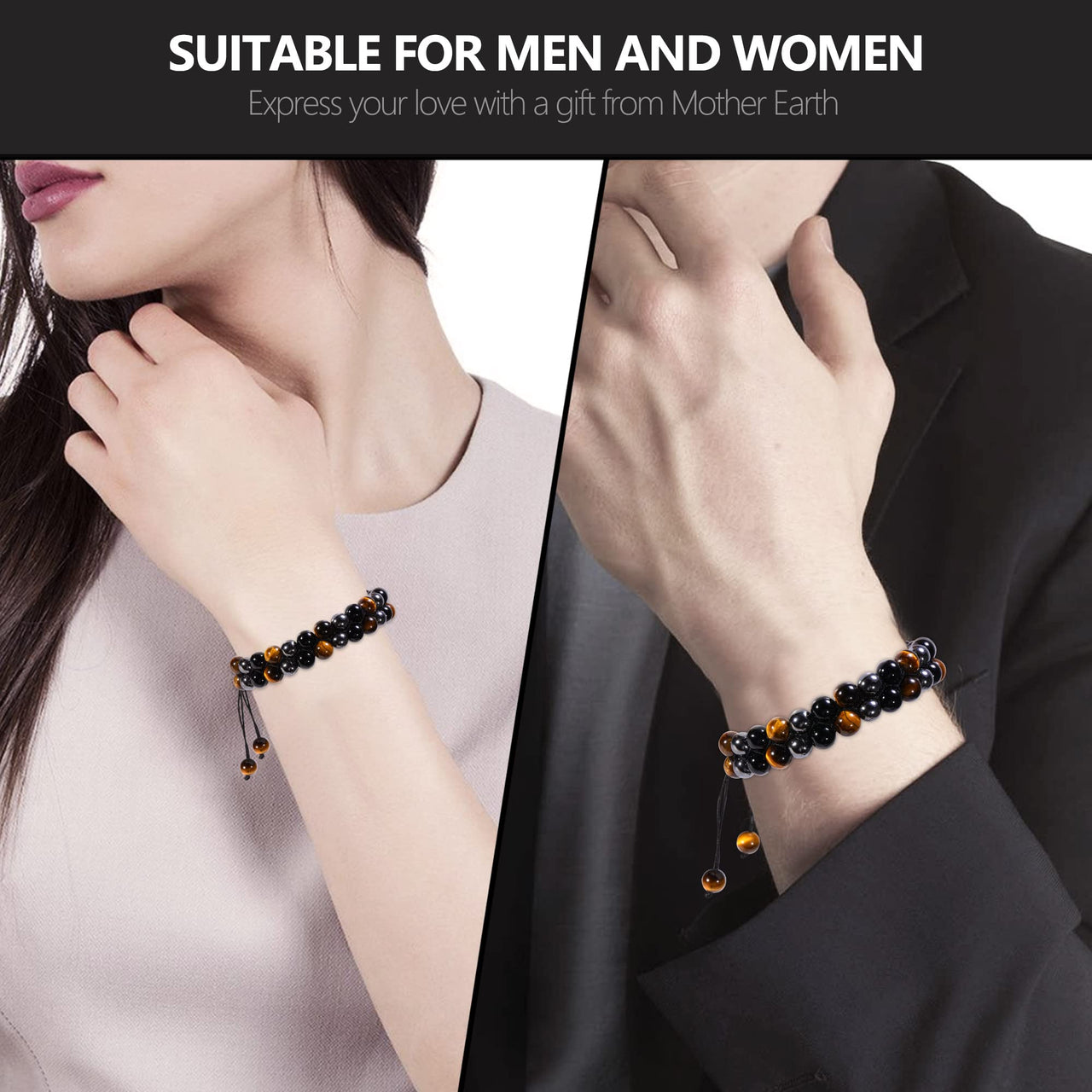 Ckkllws Triple Protection Bracelet for Men Women,Genuine Tigers Eye Obsidian and Hematite 8mm Beads Healing Crystal Bracelet,Bring Luck and Prosperity and Happiness(8mm,Double layer) 8mm,Double layer