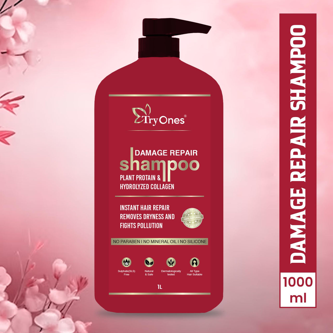 TryOnes Damage Repair Shampoo | Instant Hair Repair/Removes Dryness and Fight Pollution | For Damaged, Dry & Frizzy Hair | For Women & Men_1000 ML