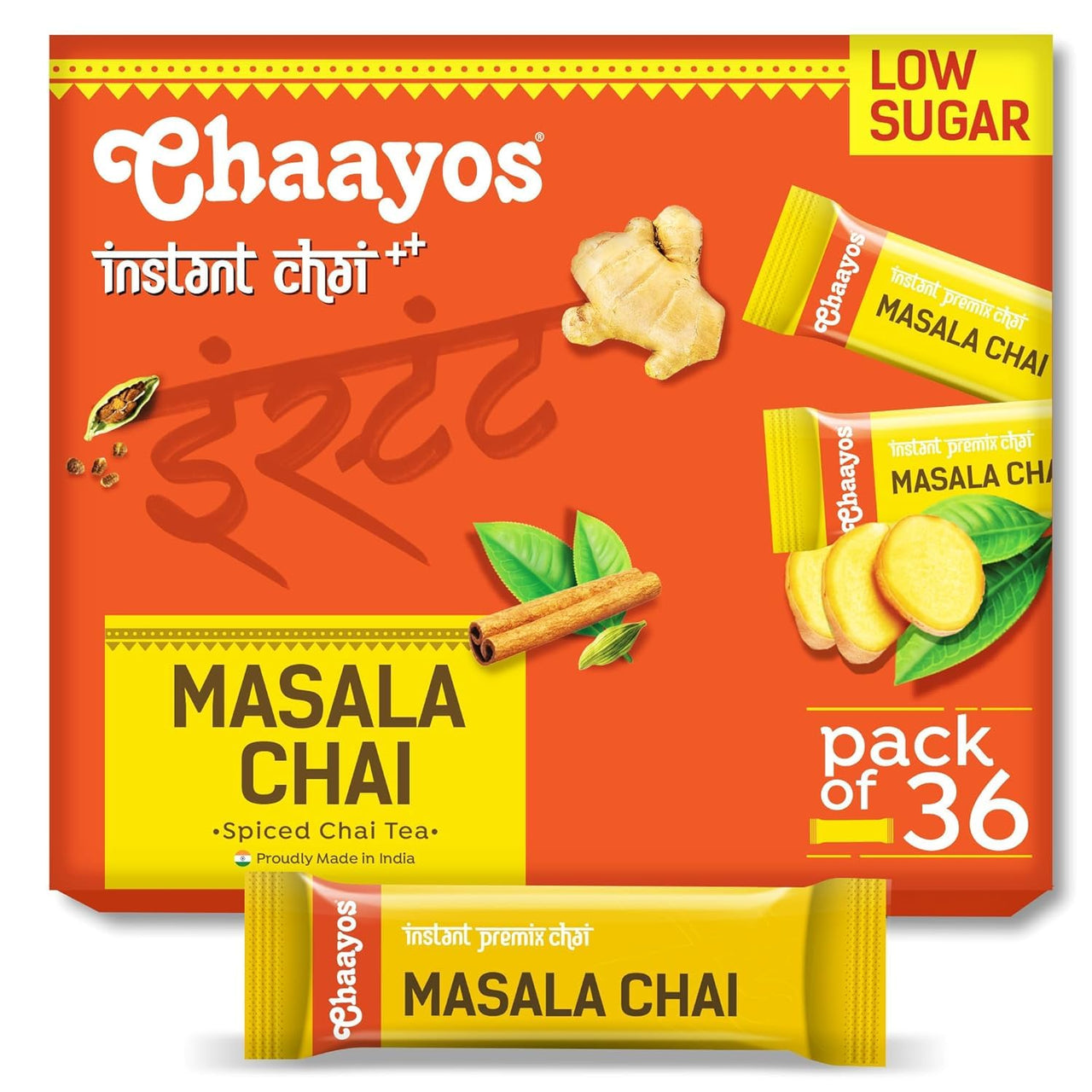 Chaayos Instant Tea Premix - Ginger Flavour - Low Sugar (36 Sachets) | Instant Tea | Tea Premix | Ginger Tea | Ginger Chai | Assam Tea | Flavored Tea | Adrak Chai Mix 390 Gram