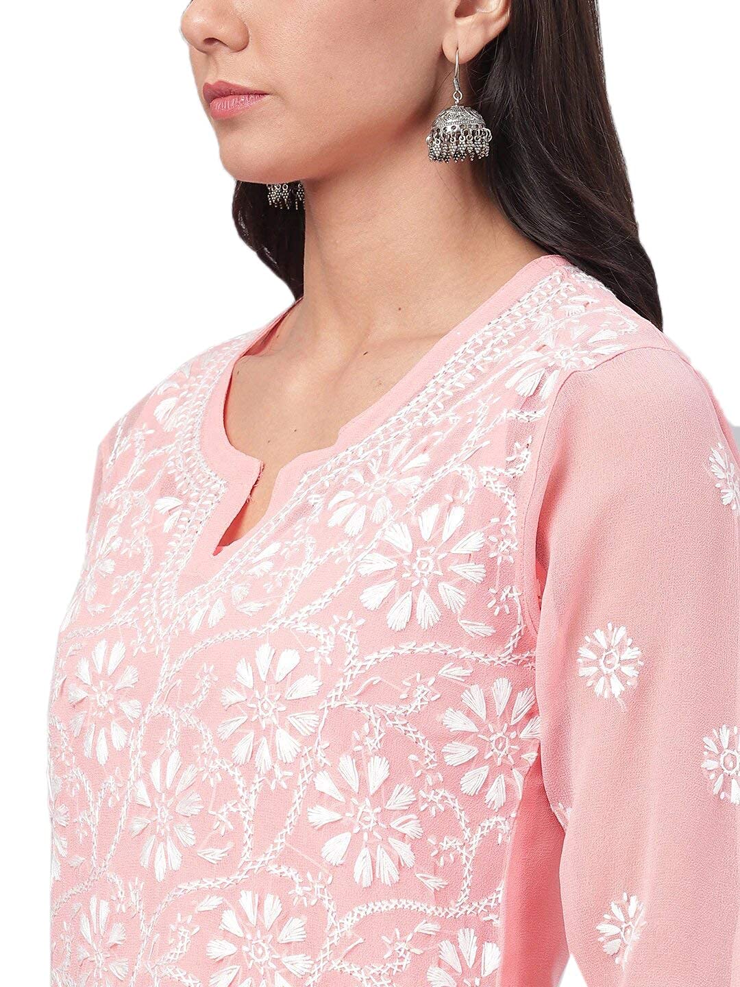 Ada Hand Embroidered Women's  Georgette Lucknowi Chikankari Kurta with Slip A90397 White