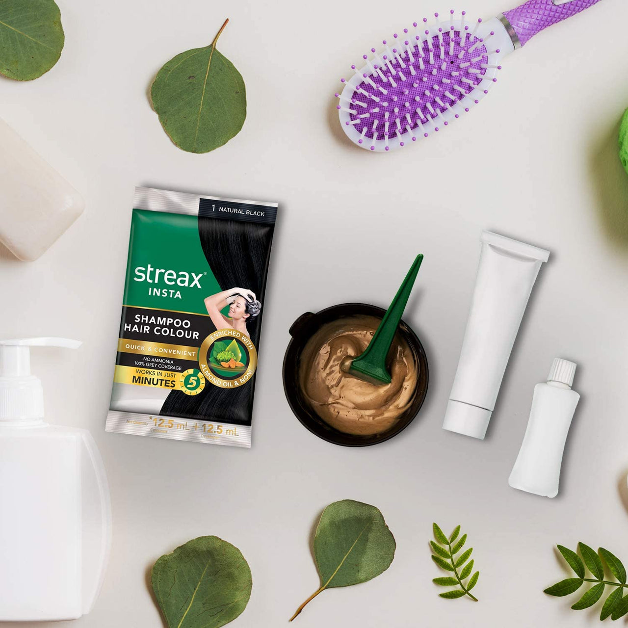 Streax Insta Shampoo Hair Colour for Men & Women, Natural Black, 25ml (Pack of 8) | Enriched with Almond Oil & Noni Extracts | Long-Lasting Instant Colour