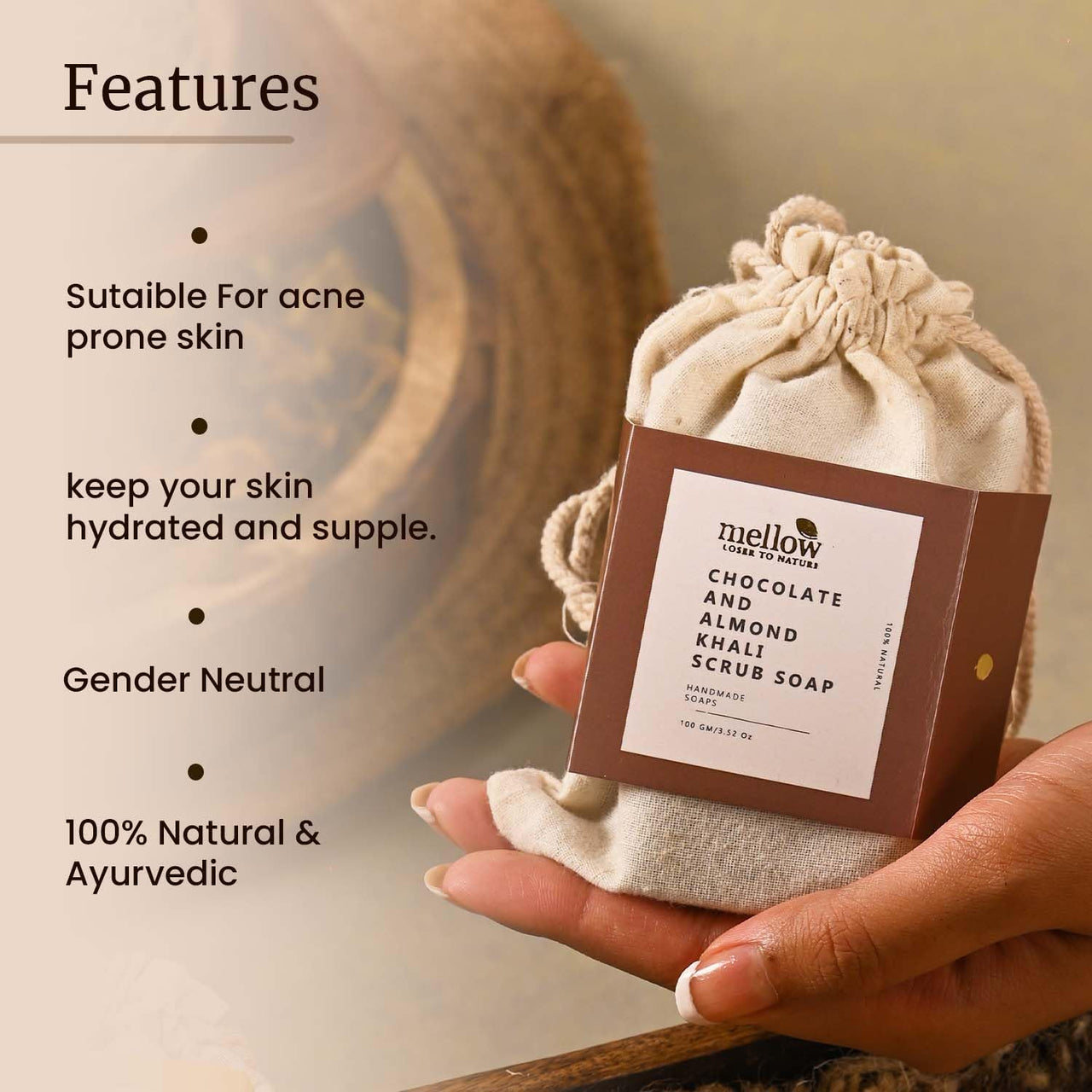 Mellow Chocolate & Almond Khali Body Scrub Soap | 100% Handmade Herbal Body Soap | Helps to Remove dirt and grime Cleanses and Moisturize Skin | No Paraben & Chemical Free - 100gm