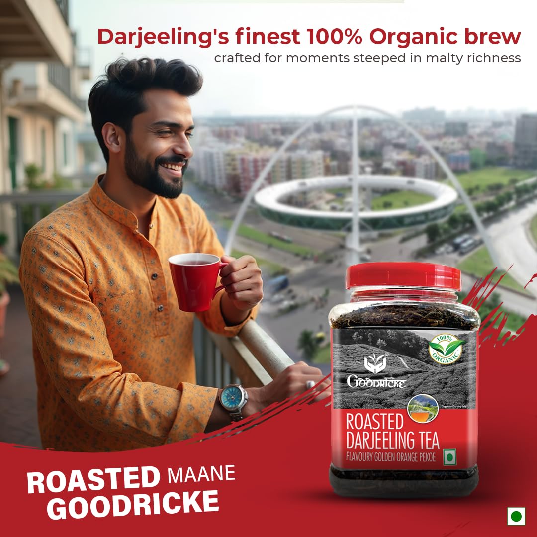GOODRICKE Roasted Organic Darjeeling Tea Jar- 250gm | Flavoury Golden Orange Pekoe | 100% Pure & Natural Darjeeling tea| Premium Loose Leaves Black Tea | Rich Aroma and Long Lasting AfterTaste