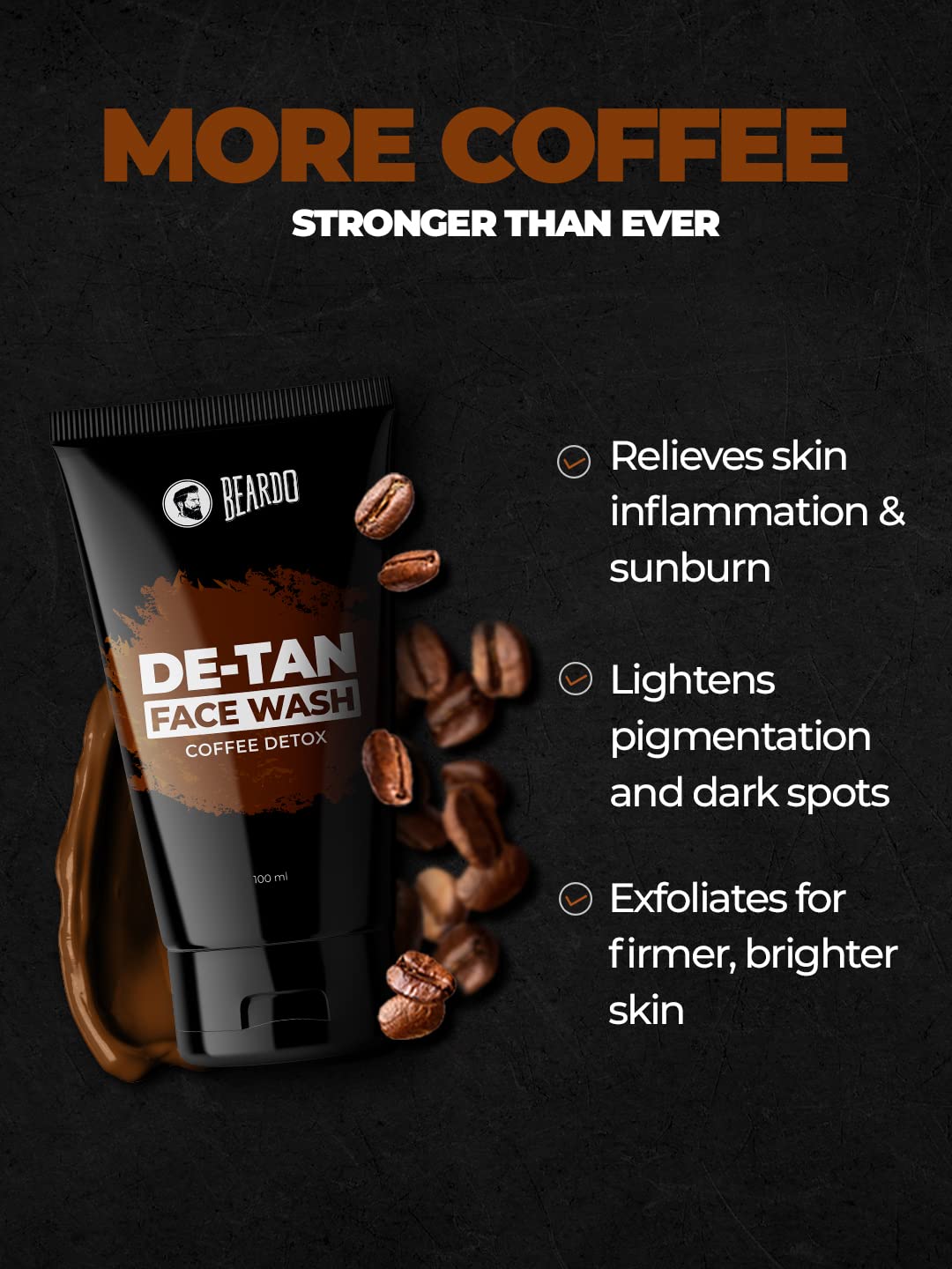 BEARDO De-Tan Face wash for Men, 100ml (Pack of 2) | Reduces Tan for glowing complexion | Coffee Facewash | Dark Spot Reduction | Tan removal face wash men