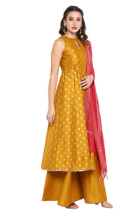 Janasya Women's  Mustard Poly Silk Gold Print Kurta with Palazzo and Dupatta