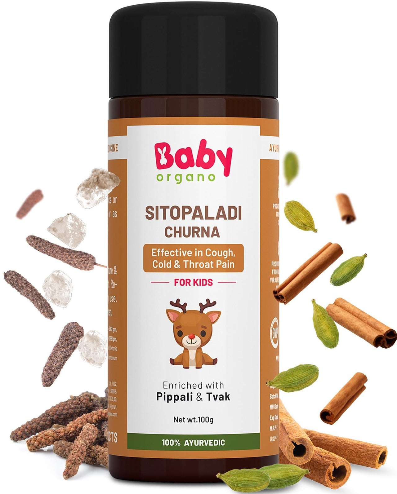 Babyorgano Sitopaladi Churna or Churan (1-15 Years) - Ayurvedic Classical Remedy for Cough Cold, Sore Throat & Digestive Wellness for Kids - 100gm