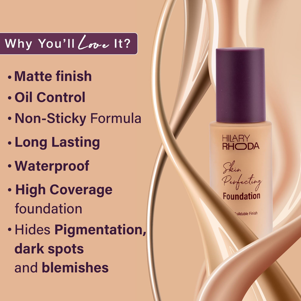 Hilary Rhoda Skin Perfecting Foundation | With SPF 15 | Super Matte Finish | Full Coverage | Oil-Control & Paraben-Free | 6 Shades | Conceals Fine Lines & Blemishes | 30g (Spiced Sand| Shade 05)
