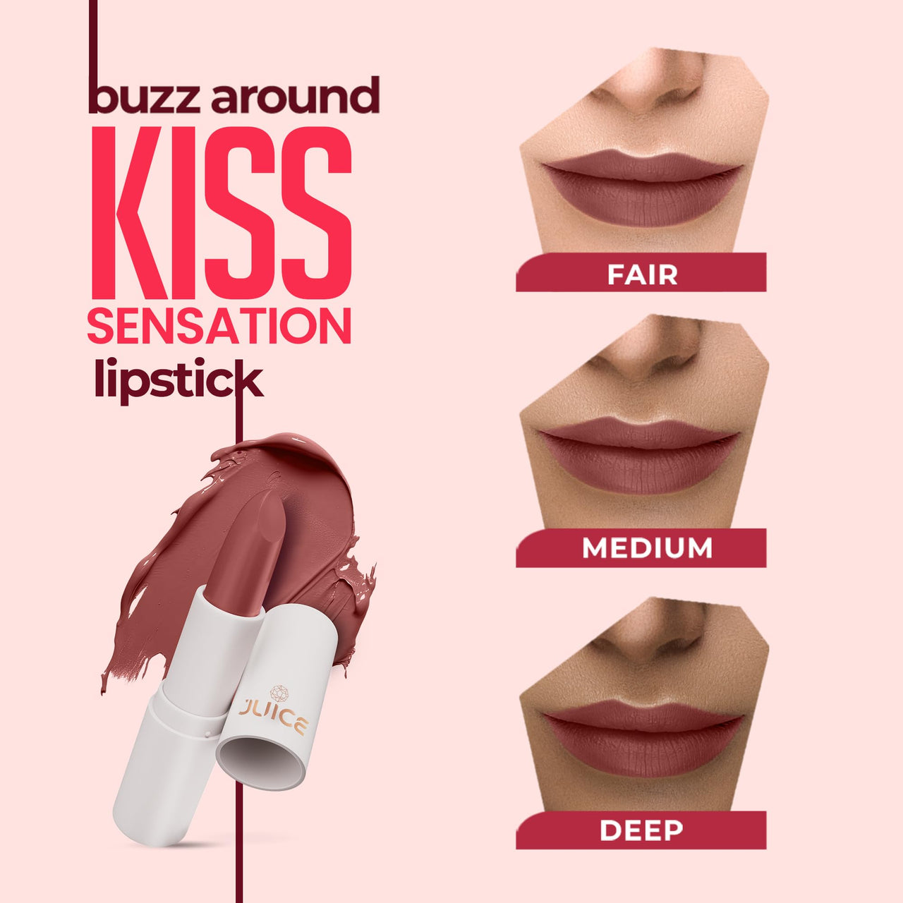 Juice Kiss Sensation Lipstick with Goodness of Bio Retinol, UV Protection & Long lasting Lipstick (Creamy Nude - M21)