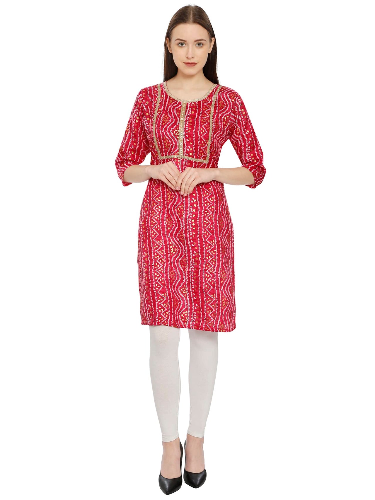 InTrend Forever Bandhani Foil Print Designer || Cotton Kurta for Ladies || Straight Fit || Zari & Sequins lace || Kurtis for Women