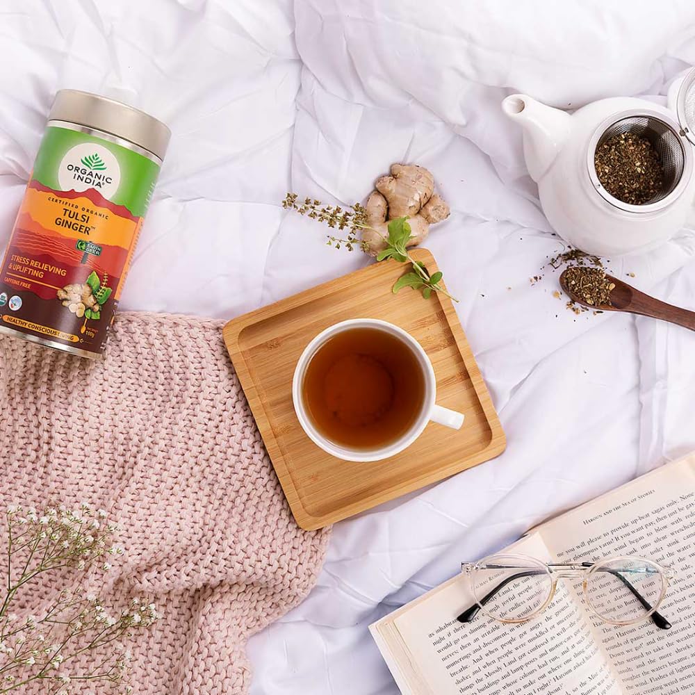 A TATA Product - Organic India Tulsi Ginger Tea - 100g, Rich in Antioxidants, Supports Digestion, Stress Relieving, Helps Boost Metabolism, Caffeine-Free, Whole Herbs