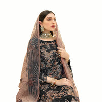 Miss Ethnik Women's  Faux Georgette Semi Stitched Top With Unstitched Santoon Bottom and Net Dupatta Embroidered Straight Top Dress Material (Pakistani Salwar Suit)