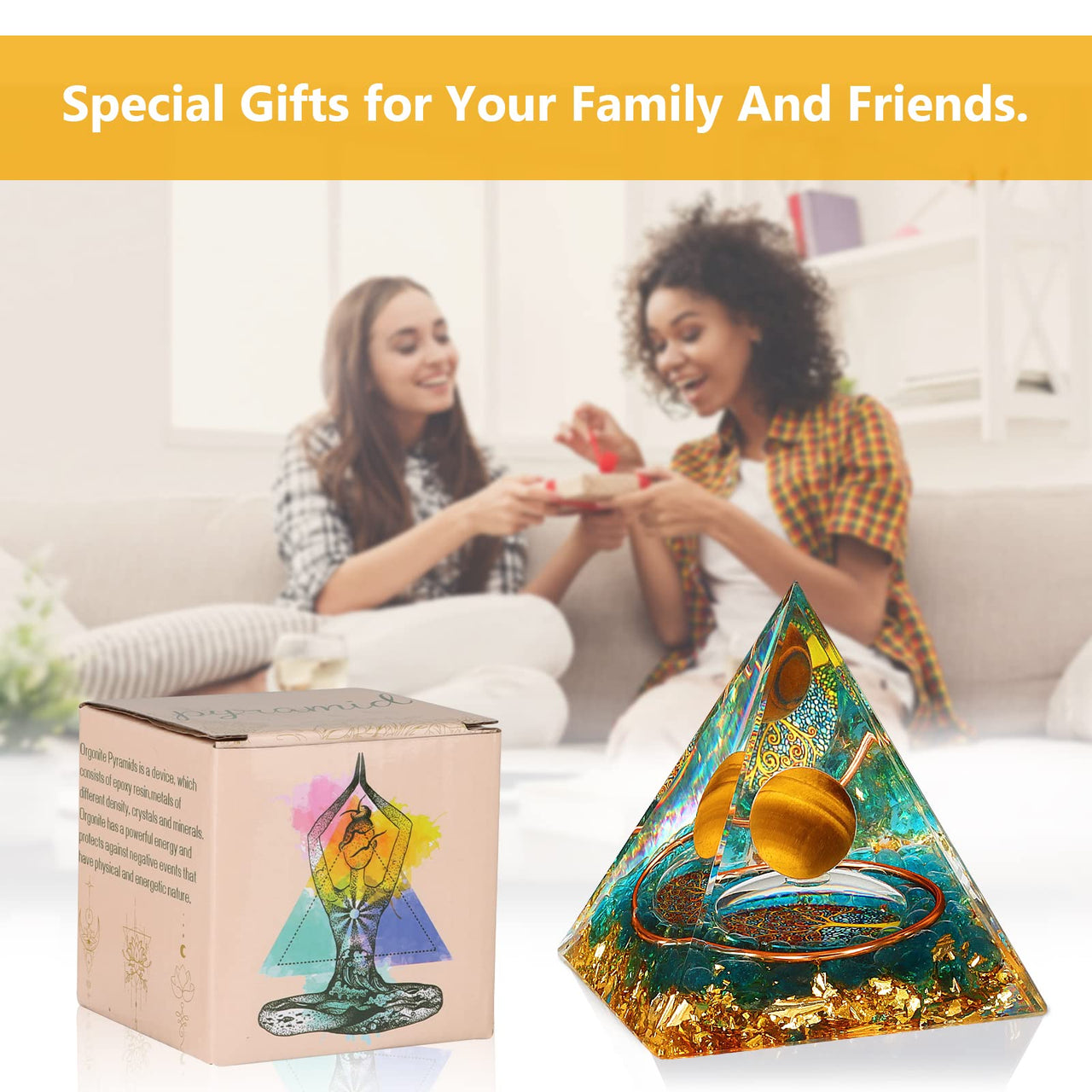 Orgonite Healing Crystal and Stone Orgone Pyramid Gold Sphere Life Tree Blance Chakras Pyramid Meditation Aids Sleep, Health Protection Positive Energy Generator to Attract Wealth Wisdom Yellow Tree