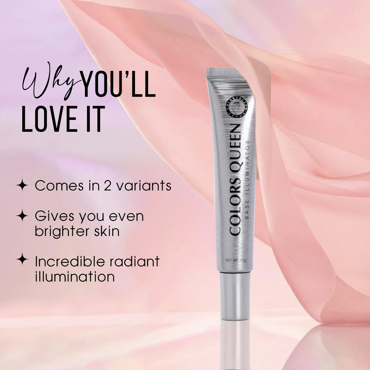 Colors Queen Base Illuminator Highlighter - Silver Pink, 30g | Long Lasting Lightweight Highlighter with Luminous Finish | Liquid Highlighter for Face Makeup Infused with Shea Butter & Niacinamide
