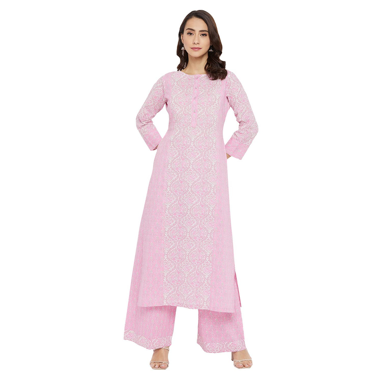 Tissu Women's  Cotton Pink & White Floral Printed Kurta with Palazzo L