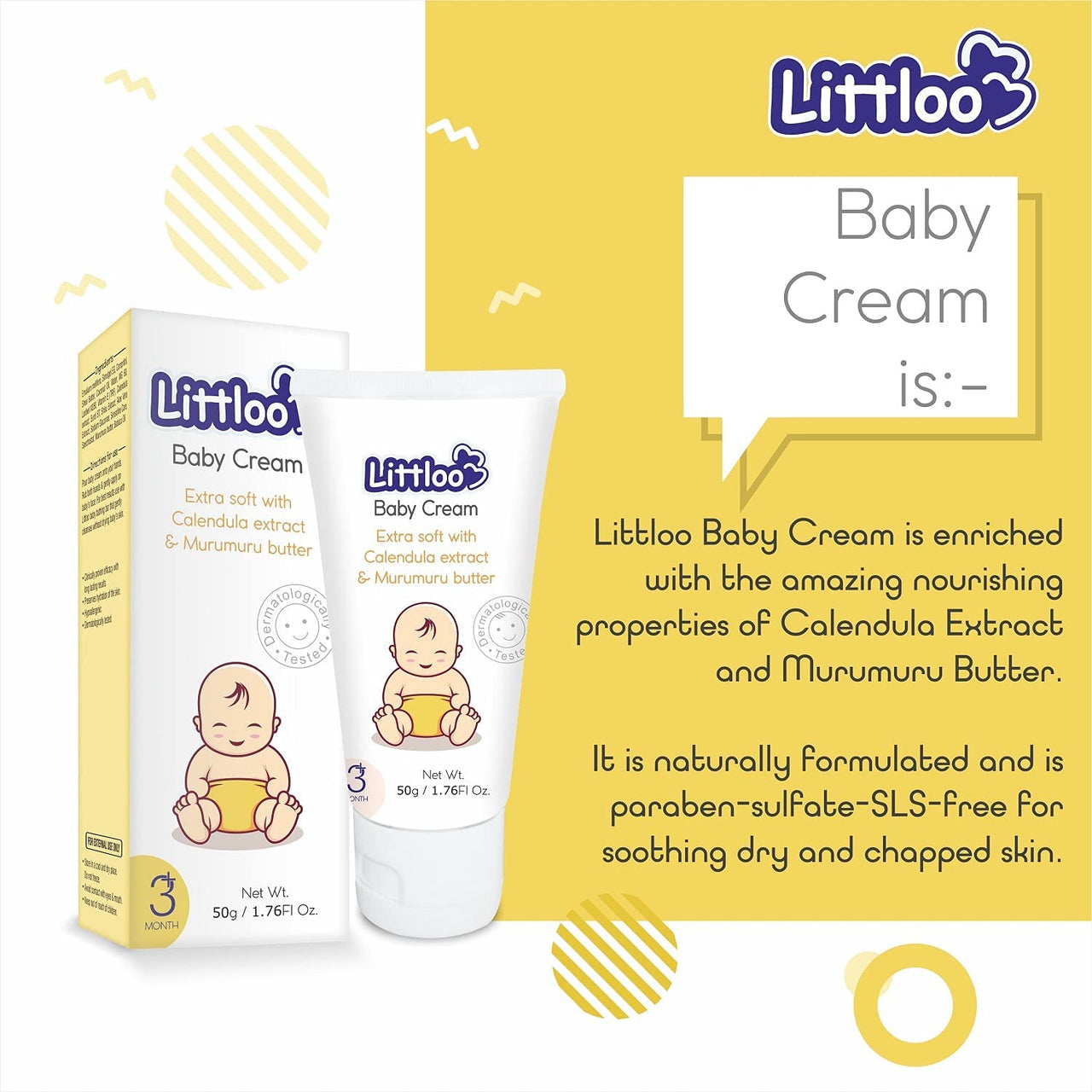 LITTLOO Moisturizing Baby Cream With Natural Ingredients Like Coconut Oil, Calendula, Murumuru Butter, Paraben & Phthalate free- 50gm(Pack of 2)