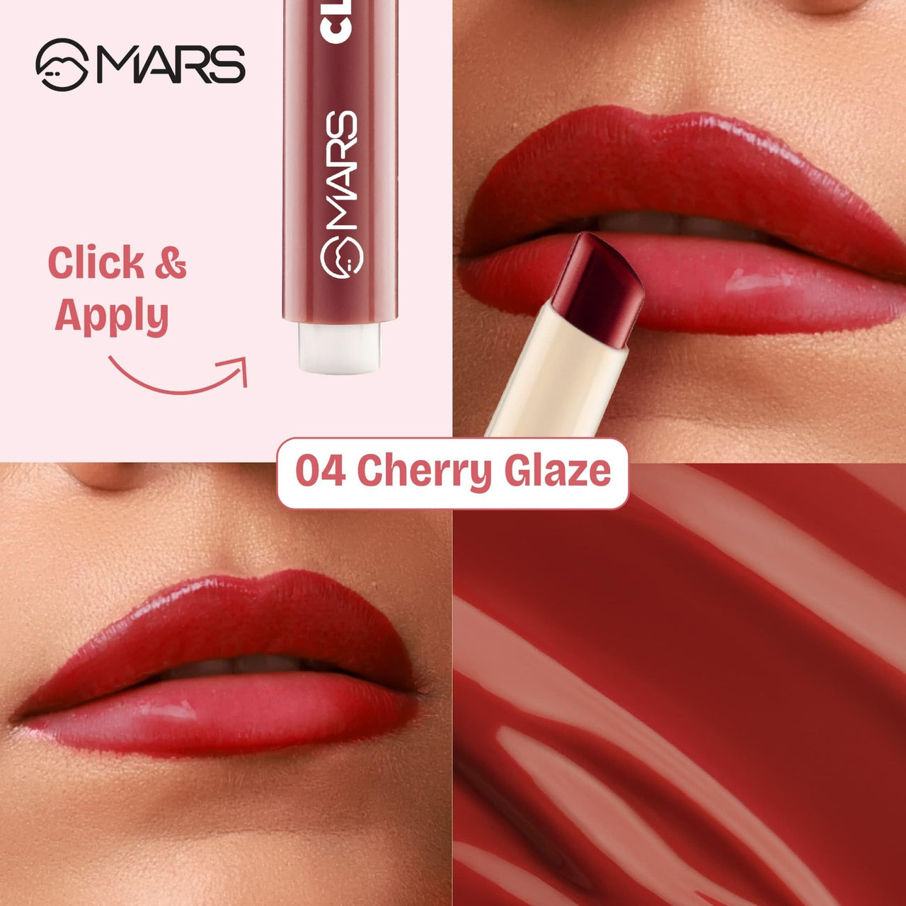 MARS Click Stix Gloss Lip Balm (2.0 gm) (04-CHERRY GLAZE) | High Pigmented | Ultra-Glossy Finish | Non-Sticky | Hydration | Enriched with Cocoa Butter