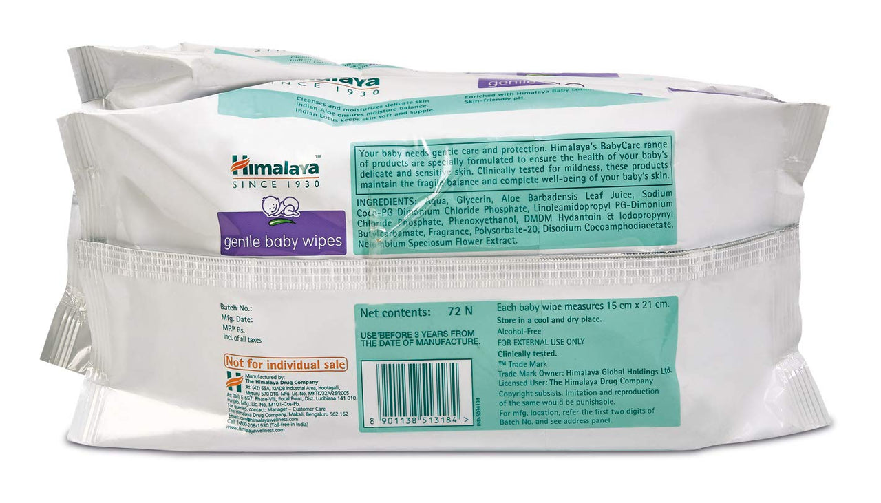 Himalaya Baby Massage Oil (500ml) and Himalaya Gentle Wipes (72 Counts, Packs of 2) Combo